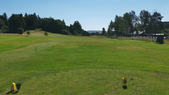 Unngå høy rough til vestre for f.w. God plass på kortklippt gress, dersom du velger rett kølle. Greenen ligger på et høyt platå.